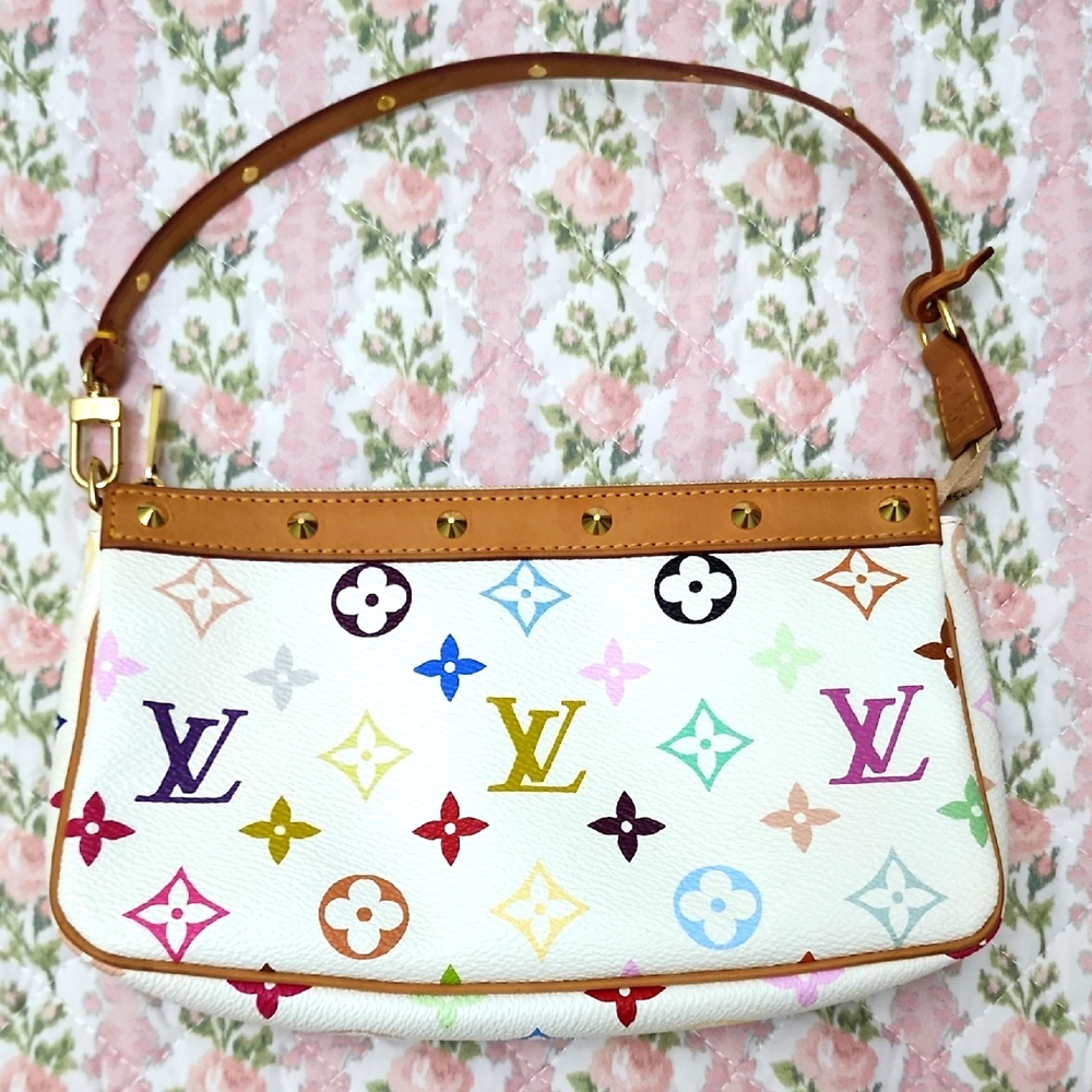 💎 Louis Vuitton White Takashi Murakami Multicolor Iconic Monogram Pochette Bag - Picture 6 of 17